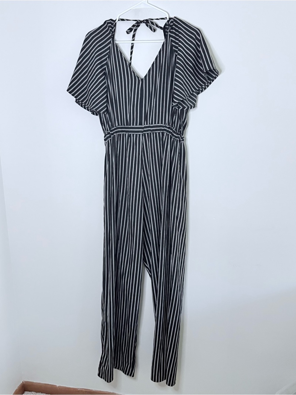 Indulge Medium jumpsuit Black White Short Sleeve Stripe Career Romper Whimsy